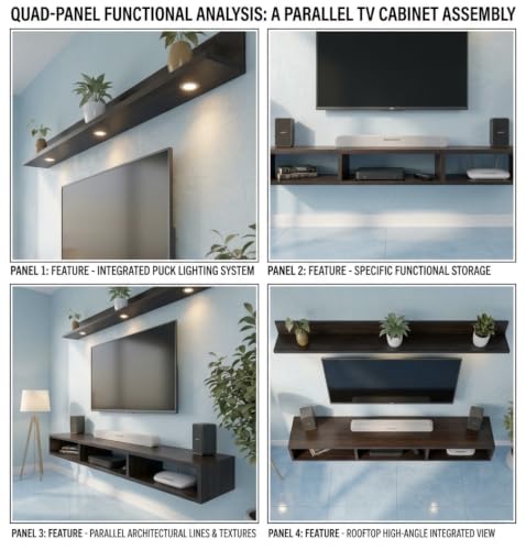 Image of Bros Moon Wall Mounted TV Cabinet Parallel Rooftop Model, Dark Wenge, pre-Laminated, Wood, for Living Room, Suits TV up to 55 Inches (Dark Wenge, Rooftop 48 Inches Base with Light)
