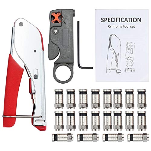 Rpuomtz Coax Cable Crimper, Coaxial Compression Tool Kit Wire Stripper with 20pcs-Black F RG6 RG59 Connectors