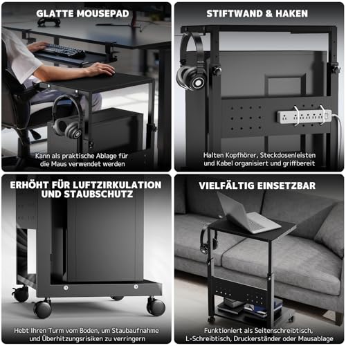 PUTORSEN Höhenverstellbarer PC Tower Ständer mit 2 Ebenen,Computer Tower Ständer mit Rollen und Maus Pad,PC Halterung unter Schreibtisch,ATX-Gehäuse bis 40kg/Ebene,Druckerständer für Heimbüro,Schwarz
