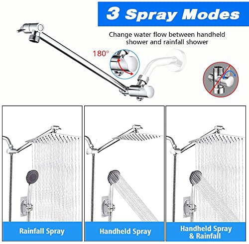 Upgraded 12" Rain Shower Head With Handheld Spray Combo High Pressure Rainfall Shower Head With 12" Extension Arm Free Shower Filter For Hard Water & Chlorine + Hose & 4 Hooks, Square Dual Shower Head #TOP4