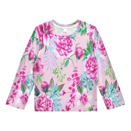DOMIKING Peony Floral Pink Boys Long Sleeve Rashguard Shirt Kids Quick Dry Swim Shirt for Kids Toddlers 11-12T