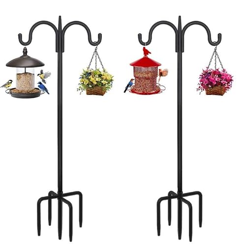 Feed Garden Adjustable Double Shepherds Hook For Outdoor With 5 Prong Base 91 Inch Heavy Duty Two Sided Bird Feeder Pole For Hanging Plant Baskets, Solar Light Lanterns, Wind Chimes 2 Pack #TOP22