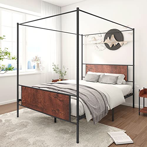Paukin Queen Size Black Metal Canopy Platform Bed Frame, Wooden Headboard, No Box Spring Needed, Noise Free #TOP29