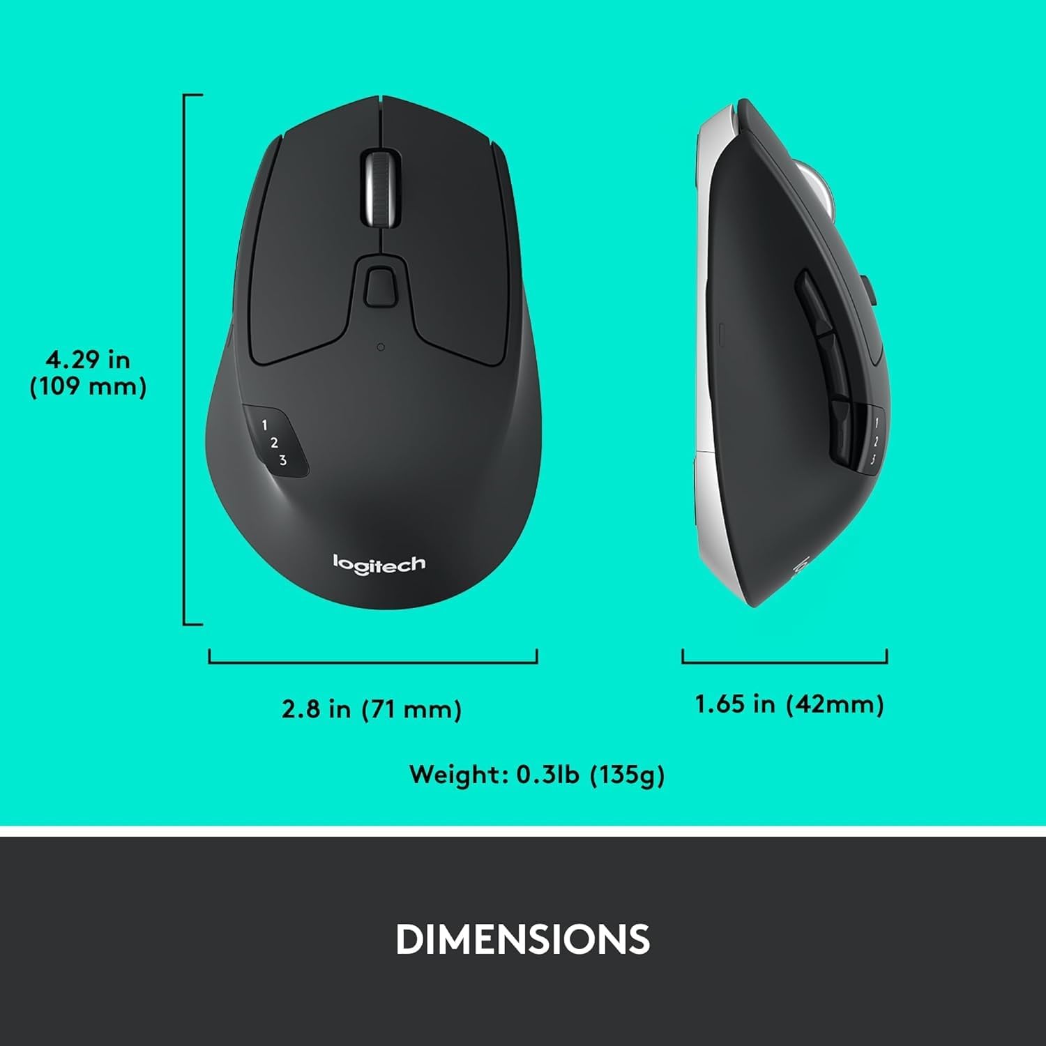 Beurit Logitech M720 kalayan diménsi anu dilabélan