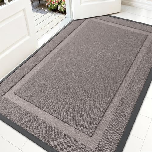 Image of OLANLY Front Door Mat Indoor Outdoor Entrance, Waterproof All-Season, All-Weather Doormat, Sturdy Natural Rubber, Low Profile, Easy Clean Patio Porch Entryway Mat, 59x34, Taupe