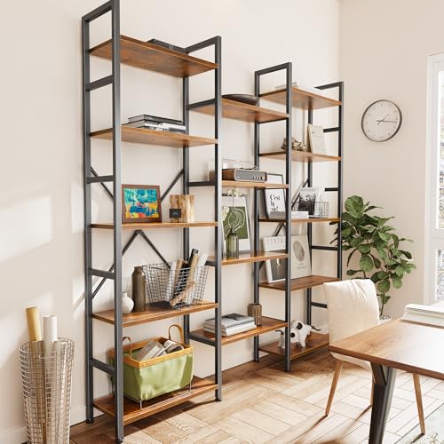 Image of SUPERJARE Triple Bookshelf, Bookcase with 14 Open Display Shelves, Wide Book Shelf Book Case for Home & Office, 5 Tier, Brown