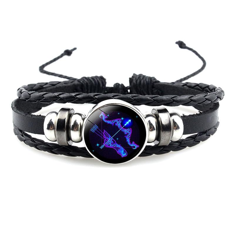 Xeyau Bracelet en cuir tissé avec 12 constellations du zodiaque - Signes du zodiaque gardien fluorescent - Pour homme et femme, adjustable, Acier inoxydable,...