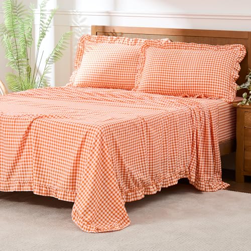 kisswish Gingham Twin Sheet Set, Lightweight Super Soft Brushed Microfiber Plaid Fall Bed Sheets with 16" Deep Pocket, 3 Piece Ruffle Farmhouse Bedroom Decor, Orange
