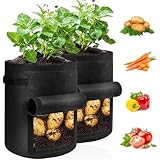 JJGoo 2 Pack Potato Grow Bags 10 Gallon with Flap, Heavy Duty Fabric Grow Bags with Handle and Harvest Window, Non-Woven Planter Pot Plant Garden Bags to Grow Vegetables Potato Tomato, Black
