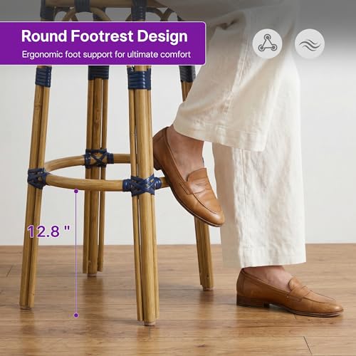 Image of PURPLE LEAF Outdoor Round Bar Height Stool Set of 2 Patio Backless Barstools Aluminum Frame in Bamboo Finish with Navy Blue & White Woven Rattan for Indoor Kitchen Dining Bistros Cafe Restaurant