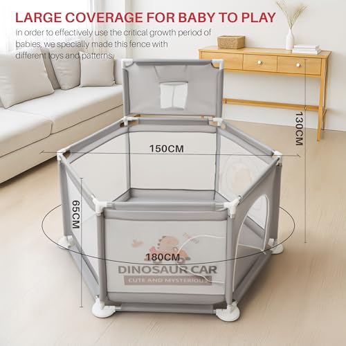 Image of Baybee Neo Plus Kids Playpen for Babies | Baby Activity Playards with Basket Ball Hoop, Zipper Door & Corner Protection | Baby Play Area Indoor Setup with Hexagon shape for Extra Space | Outdoor Play Pen for Baby up to 5 Years (Grey)
