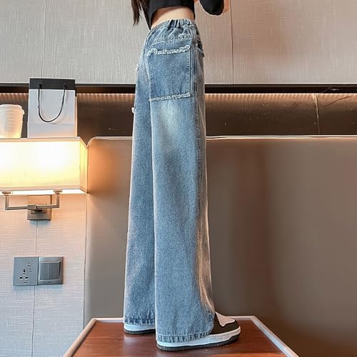 Girls Jeans Y2K Baggy Casual Wide Leg High Waist Elastic Denim Pants with Pockets Streetwear Outfits for Kids 6-15Y3