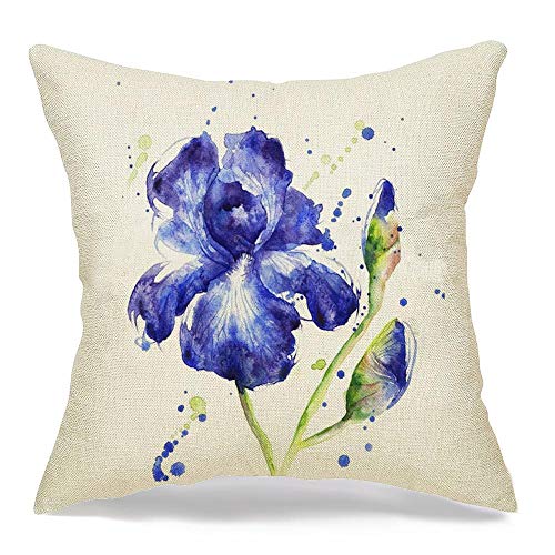 Starocle Decorative Linen Throw Pillow Cover Blossom Hand Painting Watercolor Blue Iris Beautiful Abstract Branches Bud Cerulean Exotic Field Cozy Cushion Covers 18 x 18 Inches for Bed Car Lving Room