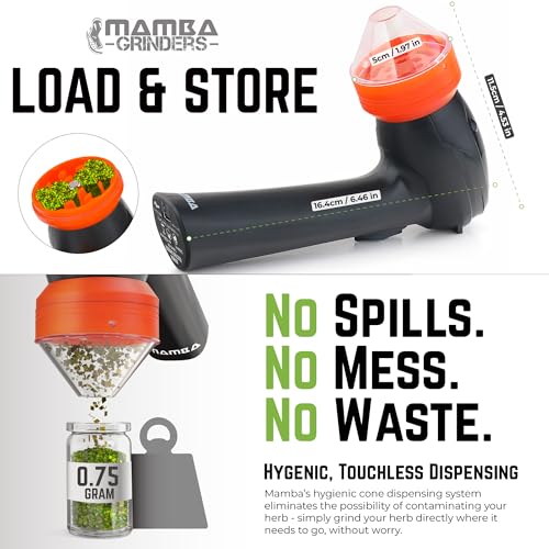 Image of Mamba Lite Electric Herb Grinder, USB Rechargeable Herb & Spice Grinder for Dried Herbs, One-Hand Automatic Kitchen Herb Mill, Portable Spice Grinder with Cleaning Tools, 0.75 g Capacity, Orange