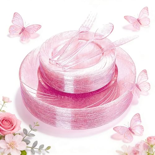 WDF Rose Gold Pink Plastic Plates with Pink Plastic Silverware include 40 Dinner & Salad Plates, 40Forks, 40 Knives, 40 Spoons for Party Baby Shower Wedding Spring Mother's Day