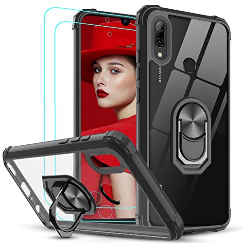 LeYi Funda Huawei P Smart 2019 / Honor 10 Lite con [2-Unidades] Cristal Vidrio Templado,Transparente Carcasa con 360 Grados iman Soporte Silicona Bumper Armor Case para Movil P Smart 2019,Clear Negro