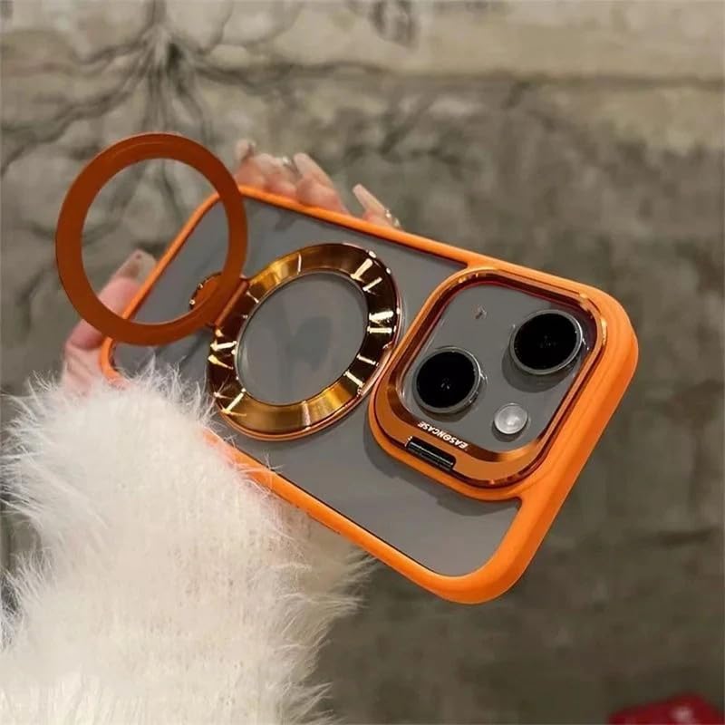 Image of LuxuryKase Magnetic Clear Case for iPhone 14 Plus | Metal Ring Stand | Camera Lens Protector Rings | Shockproof Hard PC Back | MagSafe Compatible | TPU Bumper - Orange