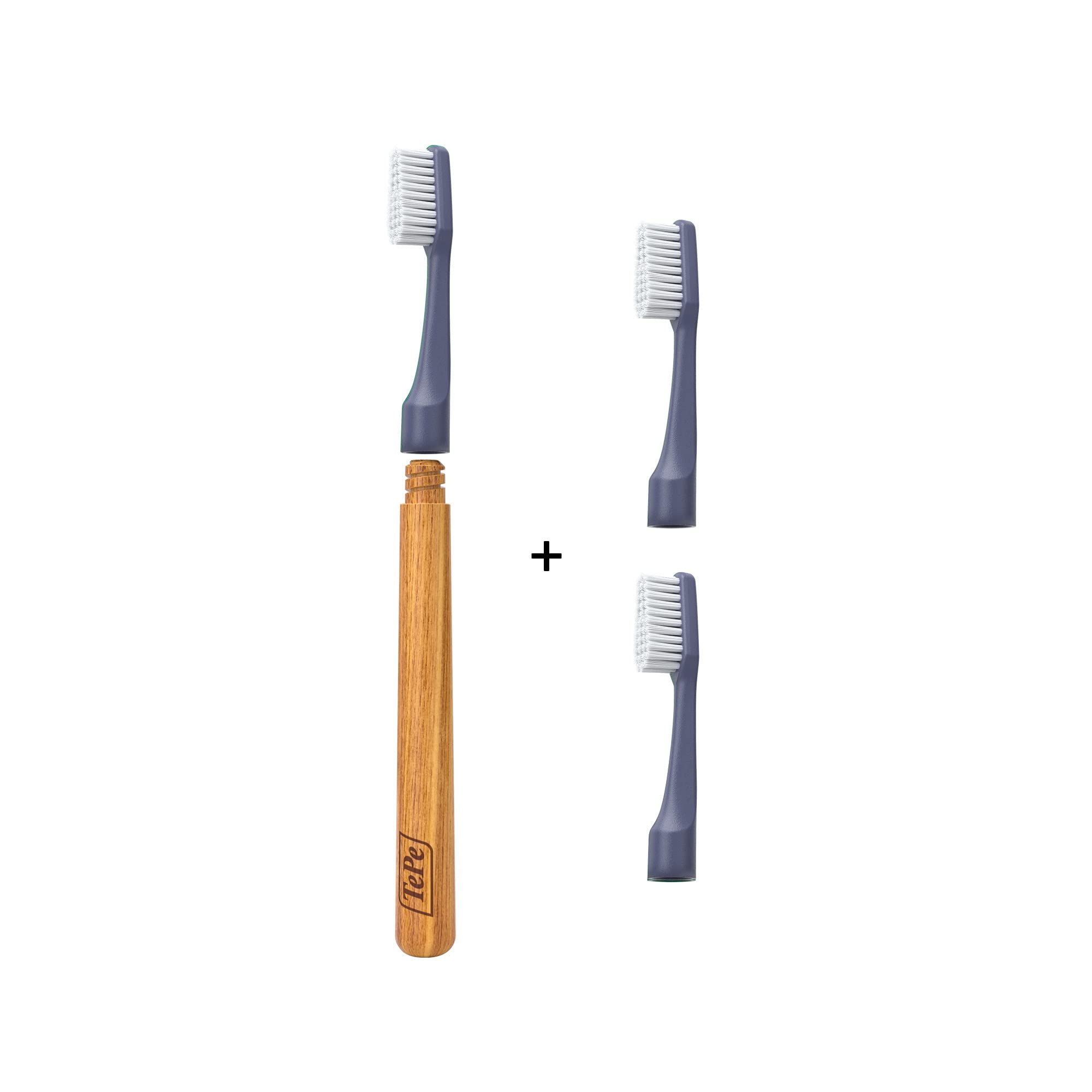 TePe Choice Toothbrush | Soft | Colour Not Selectable | 1 Wooden Handle, 3 Brush Heads | Toothbrush with Soft Bristles, Good for Teeth Cleaning and Plaque Removal