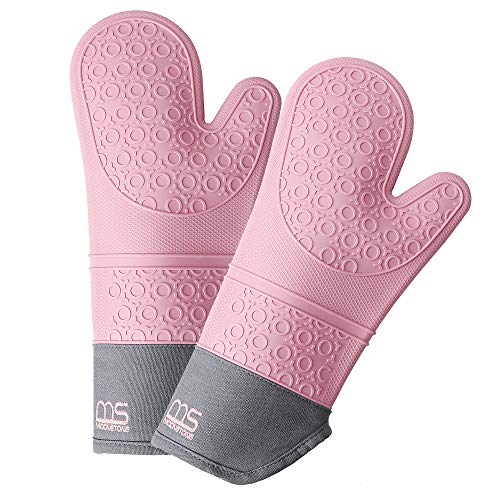 MS MOONSTONE Silicone Oven Mitts with Extra Long Cuff and Comfort LiningHeat Resistant Food Grade Cooking Mittens for BakingGrilling and Pot HoldersDouble Protect Hands1 PairPink