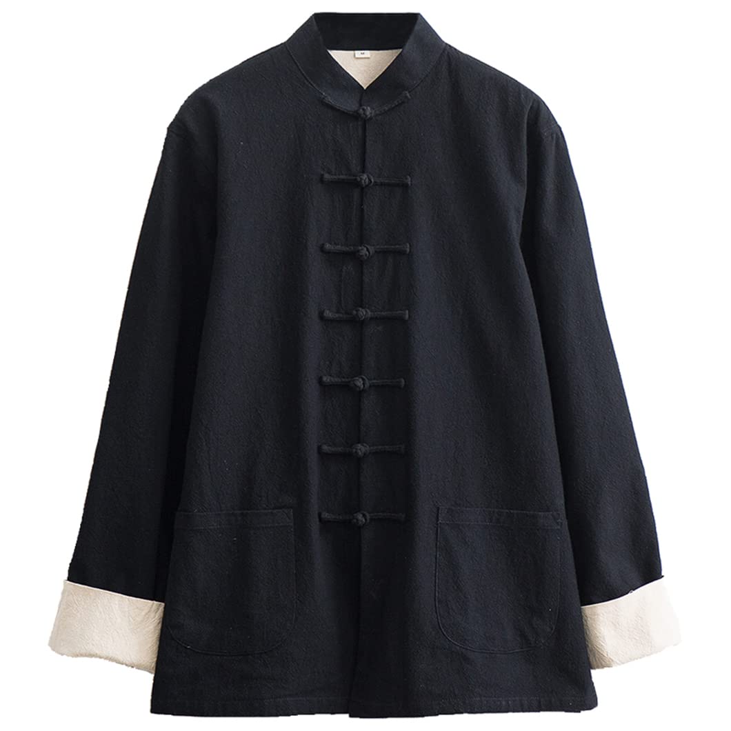 FAMMIX Loose Martial Arts Kung Fu Jacket - Tang Suit Hanfu Chinese Traditional Clothes,Mens Kung Fu Clothing Long Sleeved,Cotton Linen Taichi Uniform Wing Chun Suit Coat black-8XL
