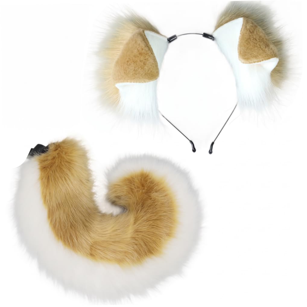 Hperu Puppy Ears And Tail Set Soft Plush Furry Costume Light Camel White