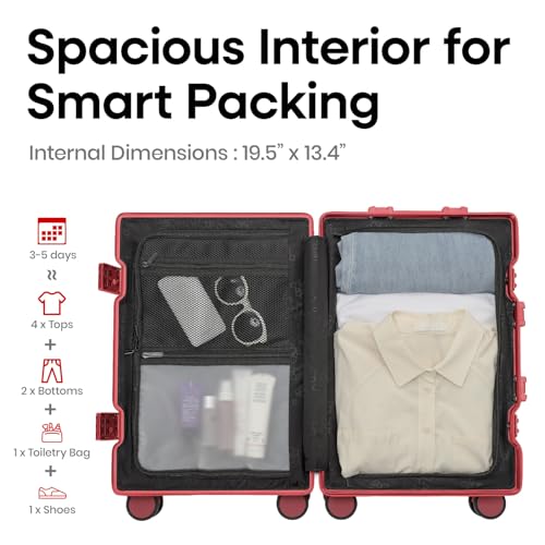 Image of 20 Inch Premium All Aluminum Carry On Luggage 22x14x9 Airline Approved Zipperless Hard Shell Suitcase with TSA Lock Silent Spinner Wheels for Business Travel,Red