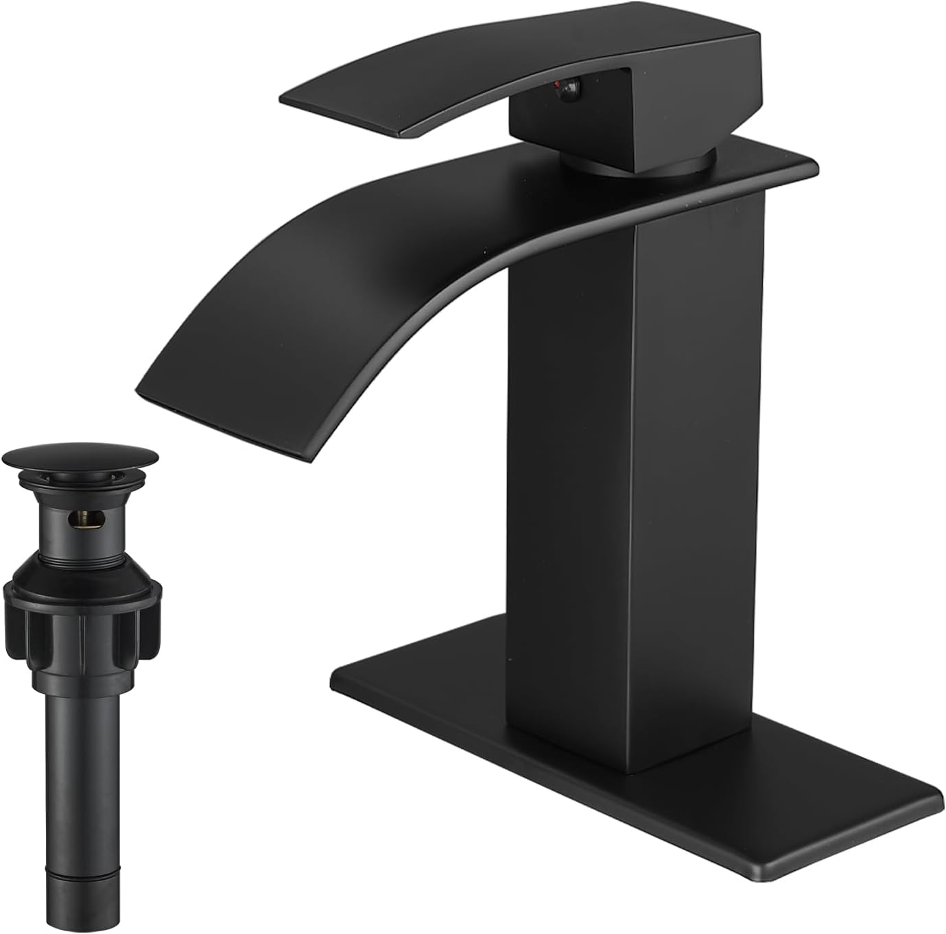 VOTON Black Bathroom Faucets Modern Waterfall Bathroom Sink Faucet Matte Black Single Handle Bathroom Faucet for 1 or 3 Holes with Deck Plate and Pop-Up Drain, Rv Sink Camper Farmhouse Bathroom Faucet