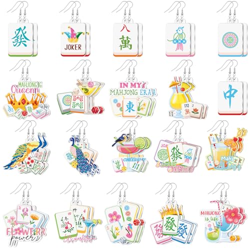 Nosiny 20 Pairs Mahjong Earrings Funny Acrylic Chinese Mahjong Tile Dangle Earrings Creative Gamble Themed Jewelry Gift for Women Friendship Accessories