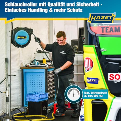HAZET Schlauch-Aufroller 9040N-10 I Schlauchlänge: 15 m, Schlauchinnendurchmesser: 10 mm, max. Druck: 20 bar für Druckluft und Wasser I Schlauchtrommel für sauberes Aufwickeln von Schläuchen