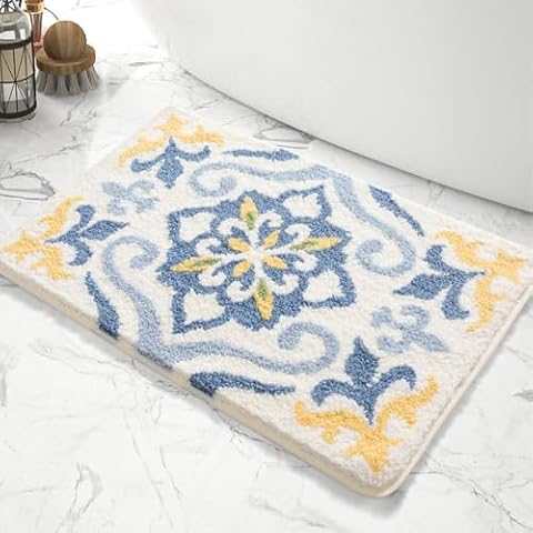 mamrug Blue Boho Vintage Tufted Bath Mat Microfiber, Non Slip, Vintage Bathroom Rugs Machine Washable for Bathroom Floor Tub Sink Door Mat (Blue, 31.5x19.7inch) Cover