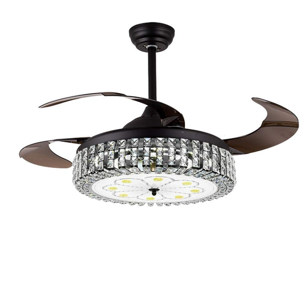 Fandian 42In Modern Crystal Ceiling Fan with Lights Remote Control Pendant Lighting Retractable Chandelier Fixtures,3 color changes,3 Speed, Black Hollow Shade for Living room,Bedroom