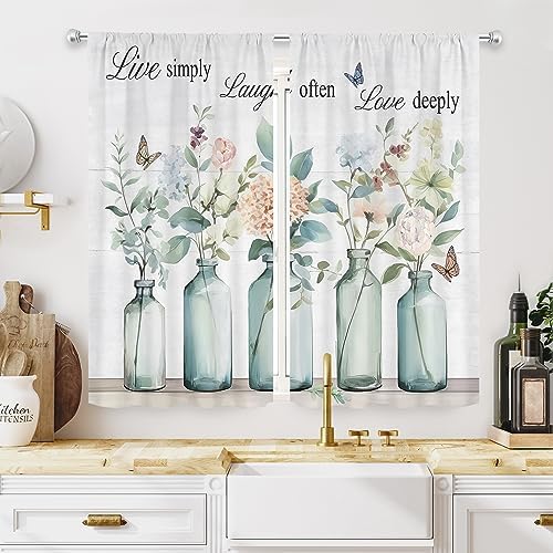 MESHELLY Rustic Floral Quote Kitchen Curtains 27.5Wx39H Inch Rod Pocket Watercolor Flower Vase Botanical Plant Spring Bedroom Window Drapes Nature Printed Living Room Window Treatment Fabric 2 Panels
