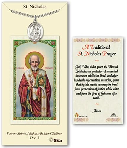 Pewter St. Saint Nicholas medal on an 24in Stainless Silver Heavy Curb Chain with a Traditional St Nicholas Prayer Prayer Card Medal Pendant Necklace.