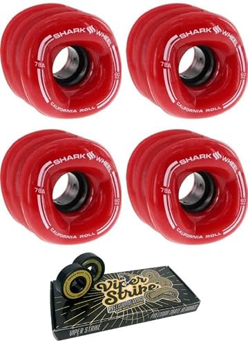 Warehouse Skateboards 60mm Shark Wheels California Roll Red Skateboard Wheels - 78a with Viper Strike Skateboard Bearings 8mm Precision ABEC 7 Skateboard Bearings - Bundle of 2 Items