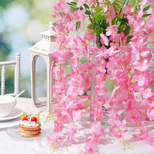 Image of SATYAM KRAFT 6 Pcs (43.2 inch) Artificial Wisteria Vine Garland | Long Silk Hanging Flowers String for Wedding Decoration Items, Mandap, Birthday Party, Festival Event & Home Decor (Dark Pink)