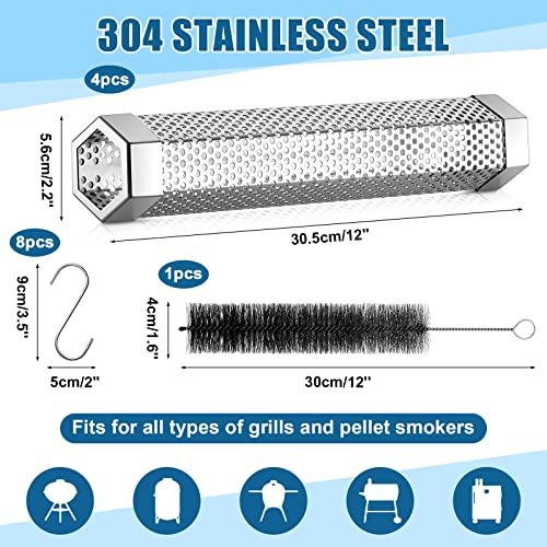 4 Pcs Pellet Smoker Tube 12 Inch Stainless Steel BBQ Wood Pellet Tube for Smoking with Cleaning Brush and 8 S Shape Hooks for Hours of Billowing Cold Hot Smoking
