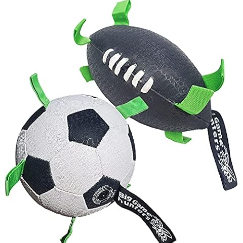 Dog Ball Twin Pack - Inflatable Football and American Football - Floats On Water and With Grab Tags, Suitable For All Dog Sizes and Breeds (Twin Pack Large Dogs) Cover