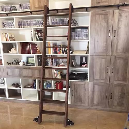 Heavy-Duty Library Sliding Ladder Hardware Kit - 3.3ft-24ft Adjustable Black Steel Rails with Brake Wheels, Mobile Track System for Smooth Rolling - 16ft Sliding Roller Track Kit