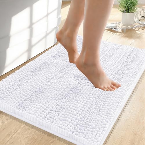 Image of OLANLY Thick Small Bathroom Rugs 24x16, Extra Soft Absorbent Chenille Striped Bath Rugs, Rubber Backing, Machine Wash, Bath Mats for Bathroom Floor, Tub and Shower, Home Decor Accessories, White