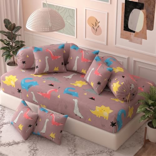 Image of Filymore Kids Brown Dinosaur Elastic Fitted Diwan Set with 1 Fitted Diwan Sheet, 5 Cushion Covers & 2 Bolster Covers | Soft Microfiber Animal Print Diwan Cover Set for Kids Room & Living Room