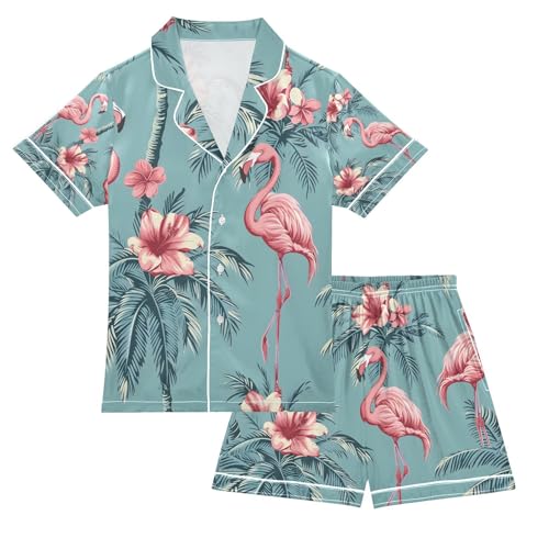 senya Pink Flamingo A Satin Summer Pajama Sets Silk Short Sleeve Button Down Sleepwear