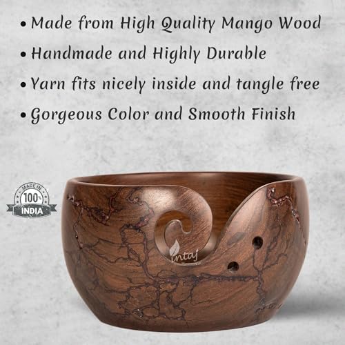 Image of INTAJ Wooden Yarn Bowl for Knitting and Crochet, 7 Inch No-Snag Holder