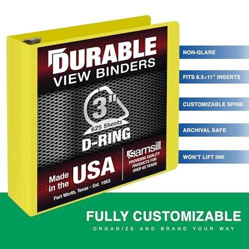 Image of Samsill Durable 3 Inch Binder, D Ring Binder, Customizable Clear View Cover, Lemon Yellow, Holds 625 Pages