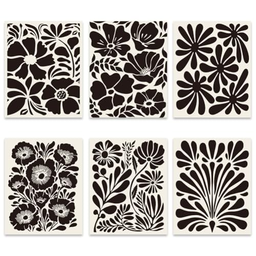 GOMAKERER 6 piezas Vintage Abstracto Negro Blanco Flores Impresiones de Arte de Pared Moderno Abstracto Cuadros Florales Moderno Vintage Conjunto de Póster con Flores Negro Beige para la Decoración