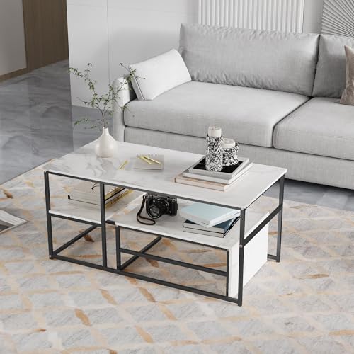 BAJKNIU Lot de 2 tables empilables, tables latérales rectangulaires amovibles, plateau avec motif effet marbre, structure en métal, tables empilables pour...