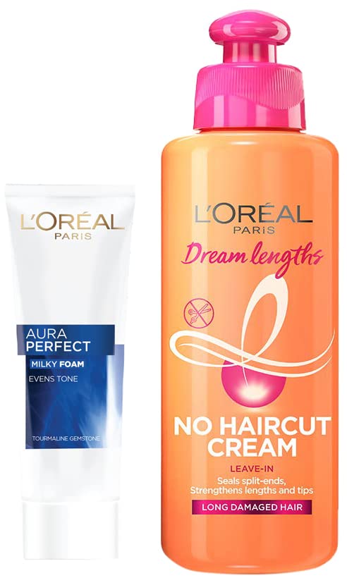 Image of L'Oreal Paris Dream Lengths No Haircut Cream Leave-In Conditioner, 200ml & L'OraAl Paris Aura Perfect Milkya Foama Facewash For Womena |100 Ml