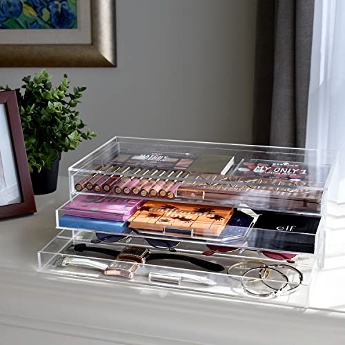 Ikee Design Large Premium Acrylic Jewelry Organizers with 3 Drawers, Acrylic Jewelry Box, Jewelry Display Organizer, Ideal for Vanity,Bathroom,Desktop,14.5 W x 8.25 D x 4.5 H in (Pad Excluded) - Thumbnail 7