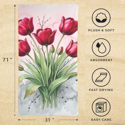 Toallas de baño Bovnobca con bouquet de acuarela Red Tulip, portátil para viaje, toalla de playa sobredimensionada, suave, super absorbente y de secado rápido, multiusos para deportes, fitness, yoga, 31" x 71" miniatura 3