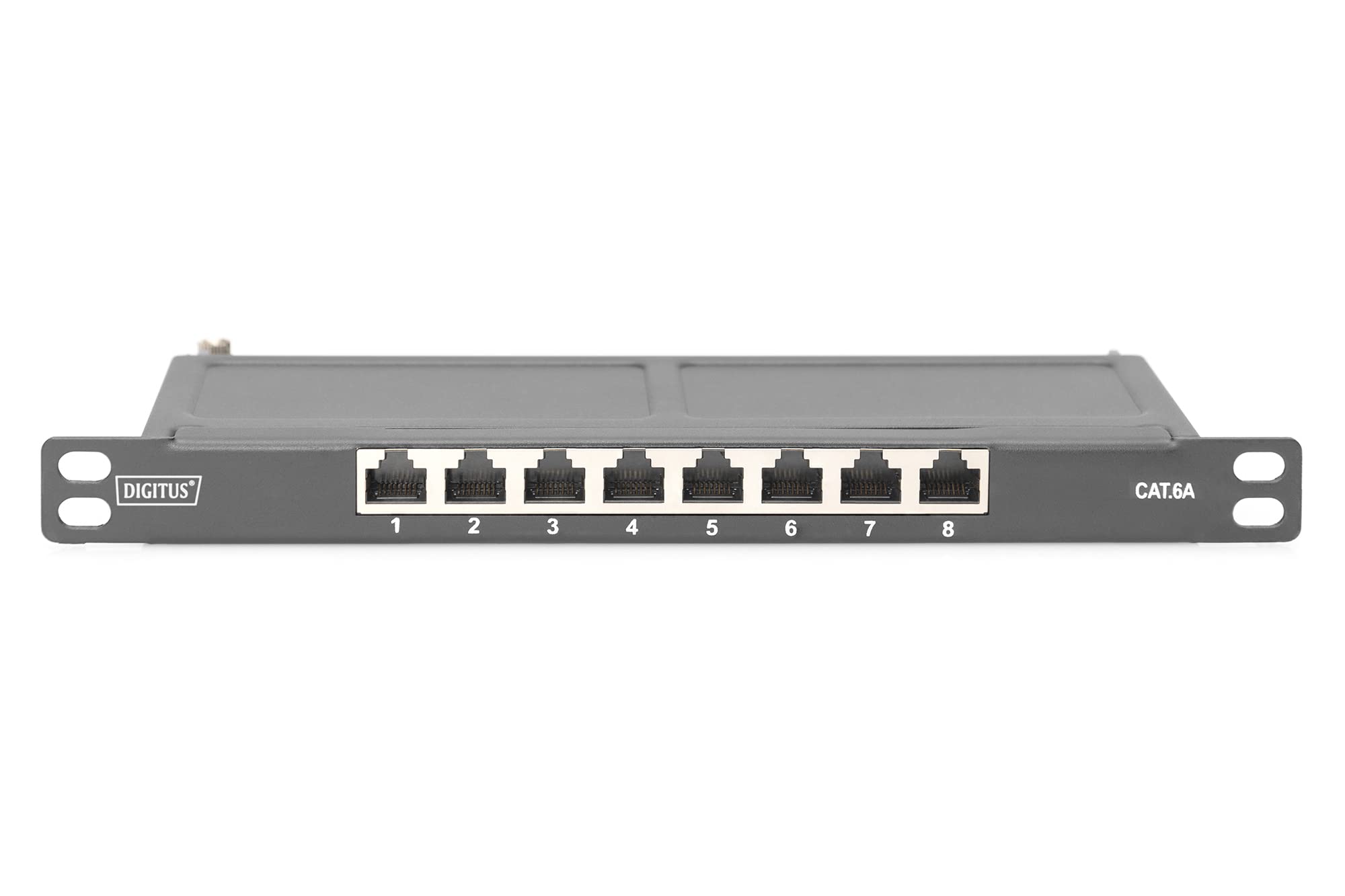 DIGITUS Panel de conexión Cat-6A - 8 Puertos - Montaje en Rack de 10 Pulgadas 0,5 U - Blindado - Conectores RJ45-10GBase-T - Panel de distribución LSA - Negro