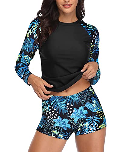 Image of Daci Women Two Piece Rash Guard Long Sleeve Swimsuits with Short UPF 50+ | UPF 50+,High Waisted Short,Long Sleeve,High Neck,Built-in Brief,Quick Dry